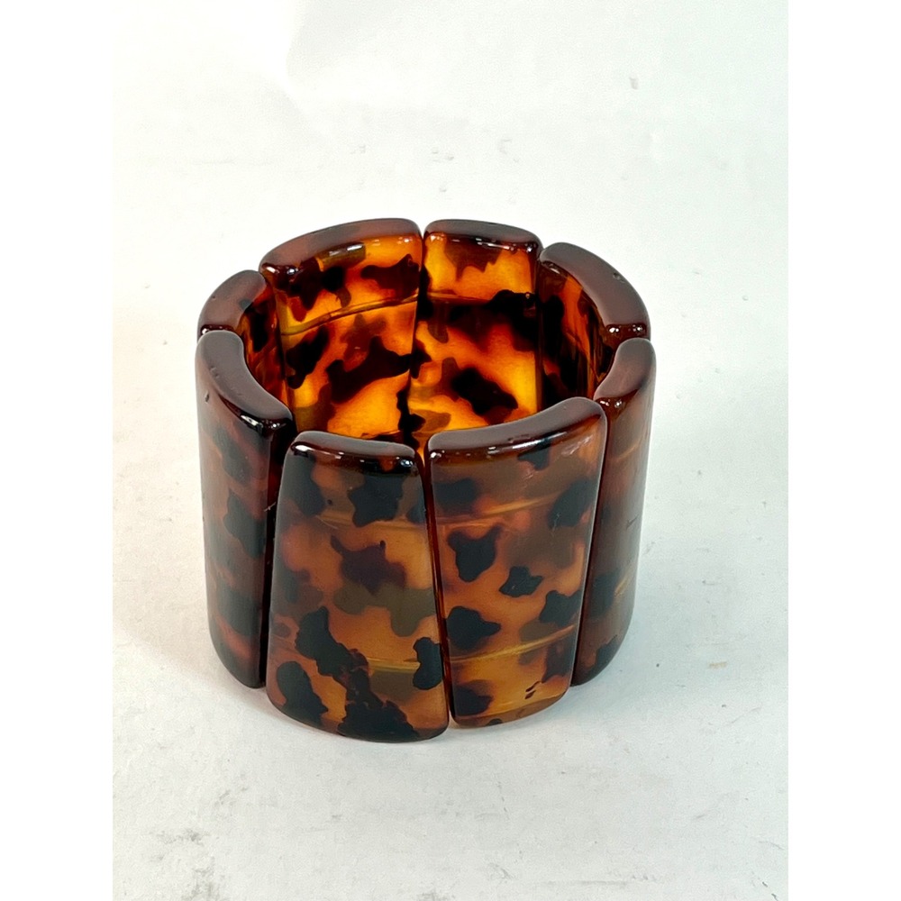 Nygard Tortoise Shell Resin Stretch Cuff Bracelet Brown Amber Logo Charm Wide